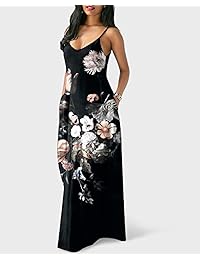Vestido largo con correa de espagueti para mujer - Vestidos largos sin mangas con estampado floral y cuello en V profundo sin mangas sexy