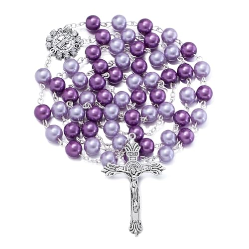 KOMI Catholic Rosary Beads for Women - Glass Pearl Beads Necklace with Saint Benedict Medal & Crucifix - Catolicos Rosary Gifts with Pouch