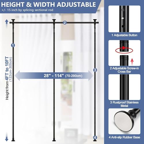 Dsocool Room Divider No Drilling Curtain Rod Wall Divider for Room Separation, 122-305cm(H) 70-290cm(W) Adjustable, Heavy Duty Partition Space Separator Freestanding Tension Curtain Stand, Black