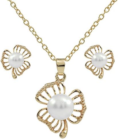 Diovanni "Pearl Flower Golden " Crystal Necklace Set