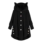 Misaky Hoodie with Cat Ears Solid Color Plush Casual Button Pocket Long Sleeve Hood Tops Outwear Coat