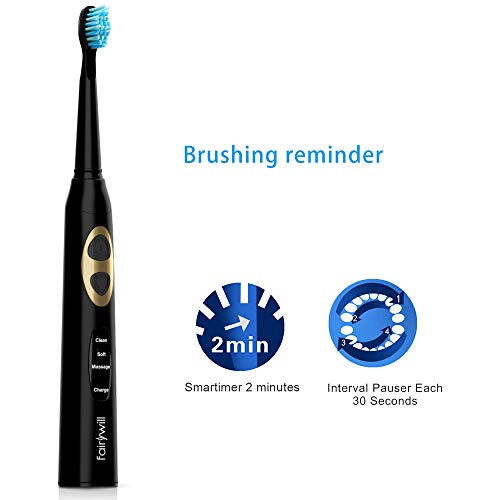 Fairywill Electric Toothbrush, Electric Sonic Toothbrush with 3 Optional Modes and 3 Replacement Heads,Pearl Black