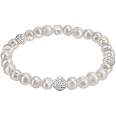 Savlano 8MM Cultured Freshwater Natural White Pearl Crystal Bead Stretch Bracelet 7 inches for Women & Girls Comes with Gift Box