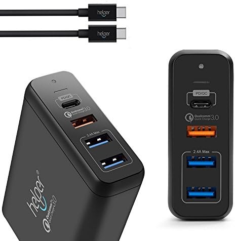 USB Type-C PD Charger, Helper 75W 4-Ports USB-C PD Smart Desktop Charger Power Delivery for MacBook Pro, HP DELL Quick Charge 3.0, iPhone X, S8/S8 Plus includ C to C cable (Black)
