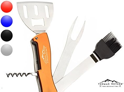 5-in-1 BBQ Multi Tool by Thomas Weyker - Portable Grill Tool Set with Stainless Steel Spatula, Fork, Grill Brush, and more - Grilling Multitool for Backyard Grilling, Barbecue, and Camping (Orange)