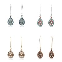 Toyvip Bohemian Water Drop Earrings Set,fashion Vintage Hollow Earrings Long Turquoise Rice Beads Pendant Earrings Ear Hook Earrings for Women Girls 4 Pairs