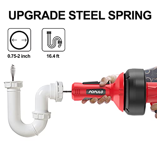 POPULO Electric Drain Auger, 12V Flexible Snake Drain Clog Remover with