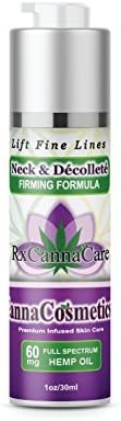 RxCannaCare Canna Cosmetics Neck And Decollete Firming Formula Daily Moisturizing Cream: All Natural, 60 mg Full Spectrum Hemp Oil Infused Skin Rejuvenating Firming Cream for Neck And Chest Areas, Ful