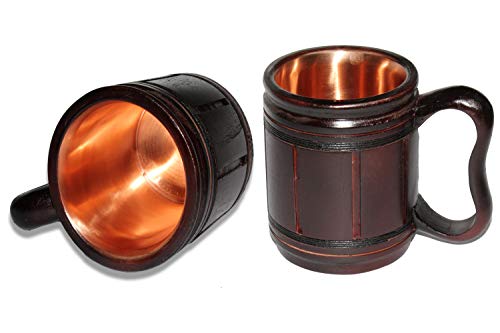 5MoonSun5's Handmade wooden Beer Mug copper Cup Carved Natural Beer Stein Old-Fashioned Barrel Brown Vintage Bar accessories - Wood Carving Beer Mug Great Retro Design Beer Tankard for Men 16oz, - Thumbnail 3