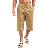Fommykin Men's Cotton Linen Capri Pants Baggy Harem Drawstring Yoga Beach Pants with Pockets
