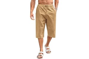 Fommykin Men's Cotton Linen Capri Pants Baggy Harem Drawstring Yoga Beach Pants with Pockets