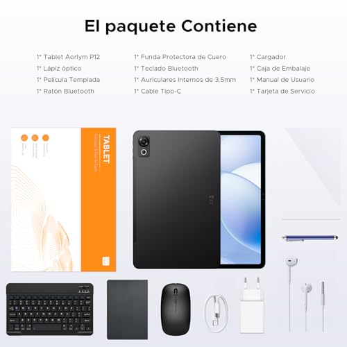 P12 Tablet 12 Pulgadas 2.4K 120Hz Display, Tablets Android 16 con Gemini AI, 10000mAh, 48GB+128GB/2TB, Unisoc T7280 Octa-Core, 13MP+8MP, Face ID, Widevine L1, Auriculares 3.5 mm, teclado, lapiz, Negro