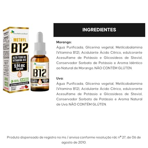 Vitamina B12 Sublingual (Metilcobalamina) 9,94 mcg por gota 20ml - Flora Nativa Sabor:Morango