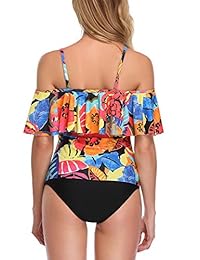 SelfieGo Trajes de baño para dama Volantes Trajes de baño con control de barriga Floral Impreso Fuera del hombro Trajes de baño