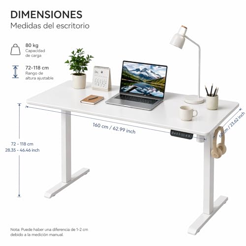 Elevable Eléctrico 160x60cm,Ajuste de Altura con Rueda,Escritorio de Pie para Oficina en Casa, con Memoria y Soporte Metálico en T (White, 160cm)
