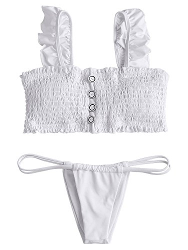 hannea smocked frayed hem bikini top with thong bottoms