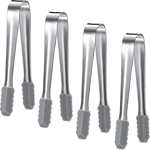 4 Pieces Mini Tongs with Silicone Tips Stainless Steel Mini Serving Tongs for Food Sugar Ice