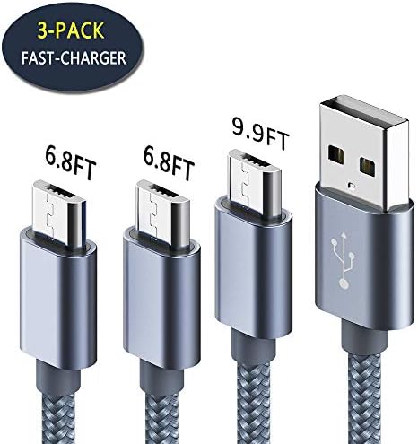 GEEKSOUL Micro USB Cable- Android Fast Charger Durable Nylon Braided 3 Pack [2x6.8FT+9.9FT],High Speed Sync Fast charging Cord for Samsung Note 5 Galaxy S7 Edge /S6/Kindle Xbox PS4 (gray, 6.8FT,9.9FT)