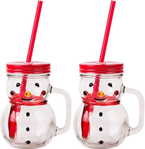 Set of 4 - 15-oz Holiday Mason Jar Beverage Cups, 6 Clear Glass Drink Cups with Metal Lid, Straw Included