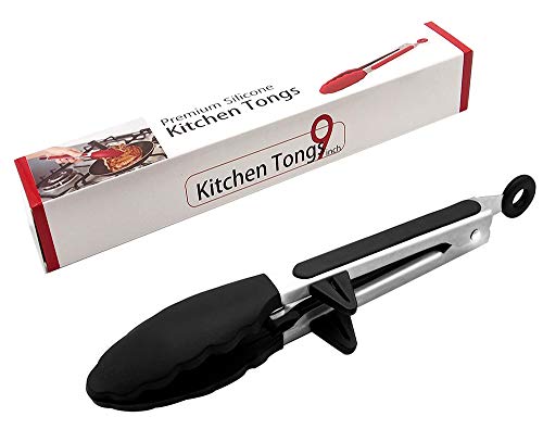 BPA Free Food Tongs with Silicone Tip and Stand, Premium Sturdy 12-inch Stainless-steel Locking Kitchen Tongs for Kitchen Cooking Barbecue Salad Grilling Frying Pastry