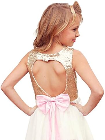 Girl Sequins Party Lace Ball Gown Princess Dress Formal Bridesmaid Tulle Children Bow Bare Back Summer Dress (Gold/White,Size 8 9)