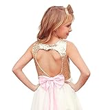 Summer Dresses Girls Sequins Lace Holiday Tutu Sleeveless Bare Back Mini Party Dress for Little Children Girls (Gold/White, Size 4T)