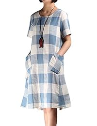 FTCayanz - Vestido de verano para mujer, de lino, informal, de manga corta, a cuadros