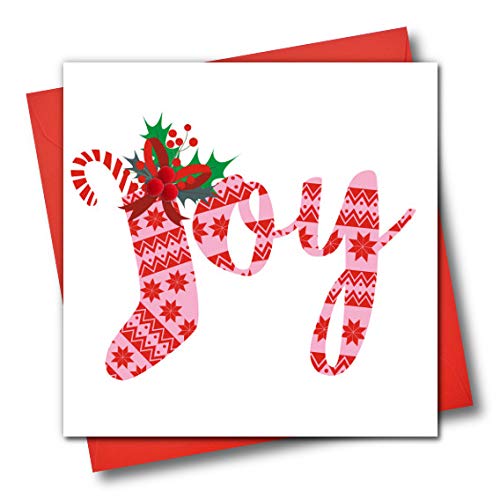 Claire Giles Greeting Cards, Happy Christmas Card, Christmas Stocking Design Xmas Joy Greeting Card, Embellished with Colourful Pompoms
