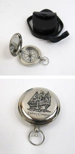 Brass Pocketwatch Compass, 1.75" With Chrome Plated Finish, Ship Design, Leather Case