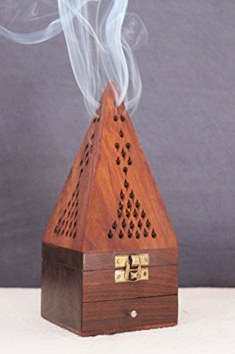 The StoreKing Handmade Wooden Classic Mughal Inspired Pyramid Incense Cone Dhoop Burner Holder With Top Cone Shape Incense Burner Box (Temple)