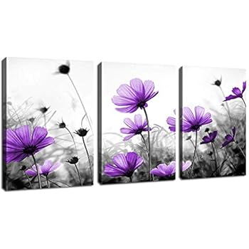 Flowers Wall Art Canvas Pictures Purple Wildflowers Black and White Background 3 Piece Canvas Art Blossom Contemporary Artwork for Home Decoration Office Kitchen Wall Decor 12
