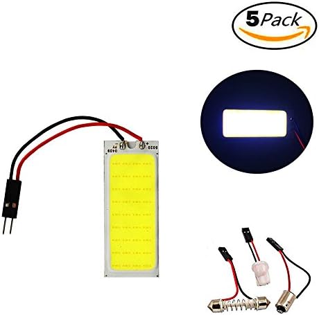 BlyilyB White COB 36-SMD LED Panel Dome Lamp Auto Interior Reading,Plate Light,Roof Ceiling,Map Lamp with BA9S T10 Festoon Adapter (Pack of 5)