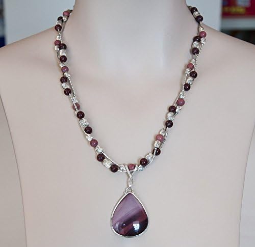 Purple Gemstone Pendant Necklace Natural Mookaite Sterling Silver &amp; Twisted Fine Silver Beads