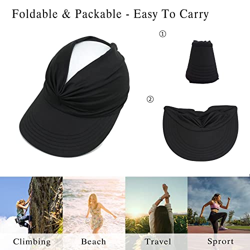 Sombrero Con Visera De Ala Ancha Para Mujer, Sombreros Para El Sol De Verano Upf 50+, Protección Uv, Sombreros De Playa, Visera De Golf Plegable Para Mujer, Gorra De Playa Con Cola De Caballo (Negro)