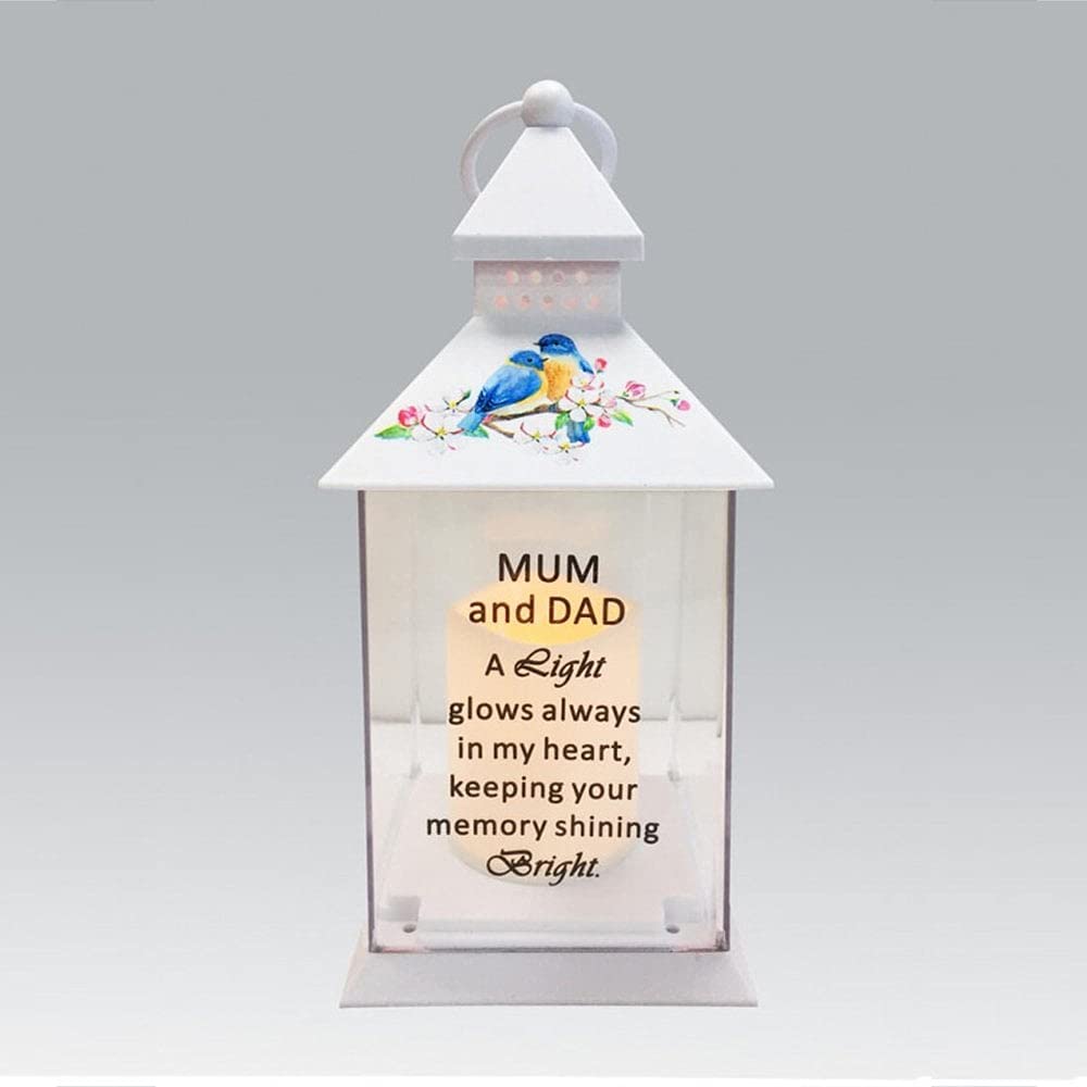 Mum and Dad Memorial Light Up Lantern - Bird Floral Candle Graveside Memory Remembrance