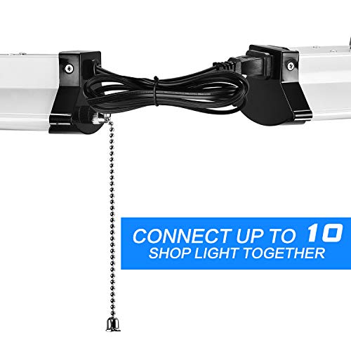 FaithSail 52W Linkable LED Shop Light 4FT 5600 Lumens LED Garage Lights 4 Foot 5000K Daylight White FaithSail 120W Fluorescent Lighting Fixture Replacement Plug in with 5' Power Cord Pull Chain