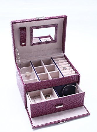 Leather Jewelry Box Makeup Case Large Capacity Cosmetic Lockable Storage Organizer Display with Mirror, Fabulous Girls Gift (Purple)