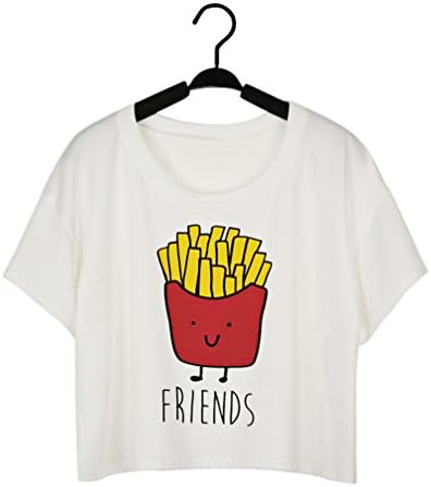 Pretty321 Women Girl Cartoon Emojis Words Print Collection Crop Top Short T-shirt (One Size fit Women:US M(10)-L(12), FRIENDS Words French Fries)