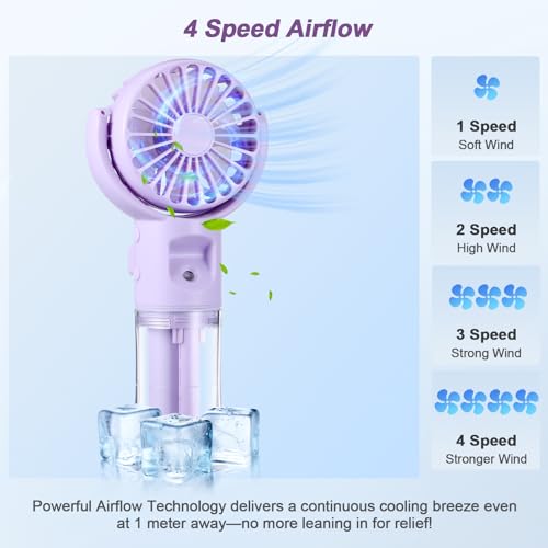 Handheld Fan Portable Fan with Rechargeable Water Battery Small USB Fan 4 Speeds Mini Handheld Fan for Holiday Outdoor Travel Accessories for Women (Purple)