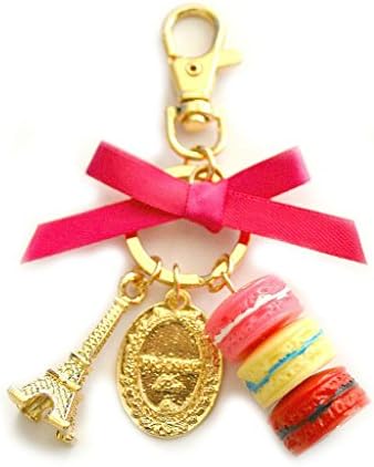 Pink Gold Jeweled Rhinestone Paris Eiffel Tower Macaron Cookie Charm Pendant Key Chain Ring Gift Stocking Stuffer