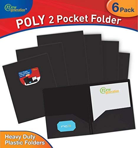 NEW GENERATION - BLACK Plastic 2 Pocket Poly Folder, Heavy Duty Folders For Letter Size Papers, Includes Business Card Slot,folders are Heavyweight twin File pockets Great for any filing 6 PACK
