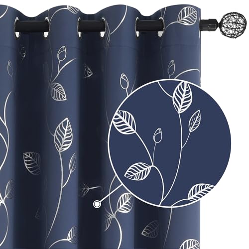 BUHUA Navy Blackout Curtains 84 Inches Long, Darkening Curtains for Bedroom Window Curtain Panels with Leaf Pattern (52 x 84 Inch, Navy Blue, 2 Panels) at Amazon