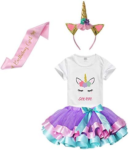Girls Rainbow Tutu Skirt with Birthday Unicorn Tshirt & Unicorn Headband