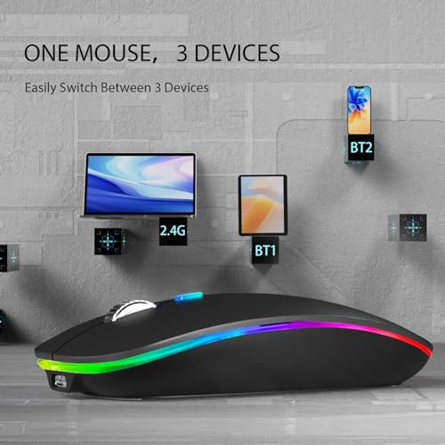 Uiosmuph Wireless Mouse, Rechargeable Bluetooth Mouse Portable Silent Mouse (800-1200-1600DPI) for Tablet/Laptop/Windows/Android Black