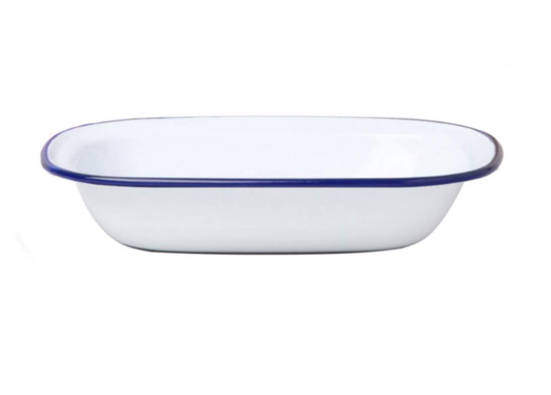 Dunlevy Enamel Pie Dish with Porcelain Coating, Oblong Roasting Tray for Baking, Oven Safe to 270°C, Dishwasher Safe, Freezer Safe, White with Blue Rim, 32 cm