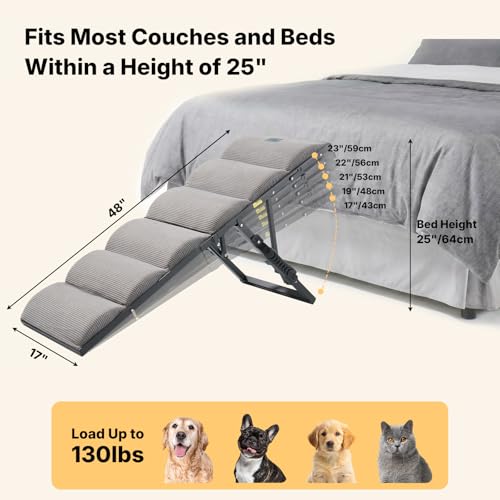 Veehoo Dog Ramp for Small to Large Dog, Foldable Pet Ramp for High Bed Couch, 5 Adjustable Height from 43cm to 59cm, Doggy Steps Cat Stairs with Non-Slip Pad and Metal Frame, Up to 130lbs