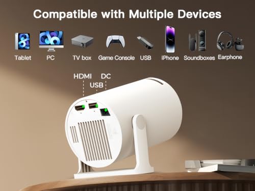 Video Projector with Wi-Fi 6 & Bluetooth 5.4, Built-in Apps Supports 4K Full HD Mini Video Projector, Android 14, Auto Keystone, 2026 Upgraded Projector for HDMI/iPhone/USB White