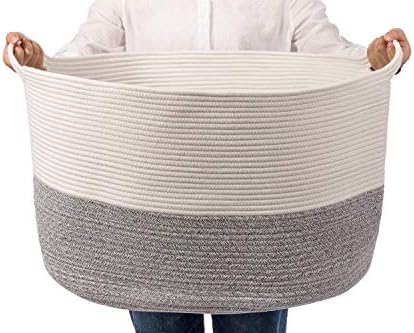MARSHiiN XXX-Large Cotton Rope Basket – Woven Laundry Hamper and Blanket Basket with Handles for Home Organization and Storage (21.7” x 21.7” x 13.8”)