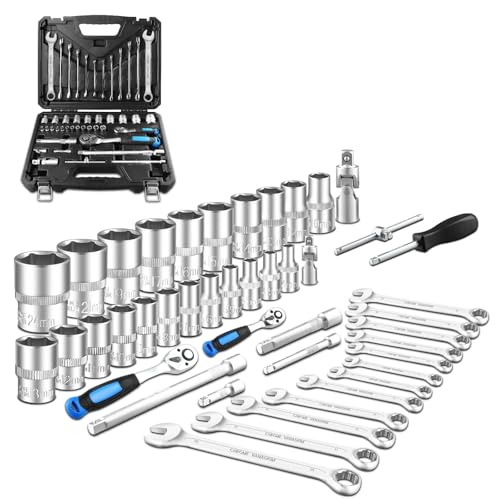 Photo 1 of BLACKROBOT 43Pcs Mechanics Tool Set, 1/4" & 1/2" Drive Socket Set Wrench Ratchets, SAE/Metric, CR-V, Ratchet Handle, Extension Bar, Universal Joint, Sliding bar