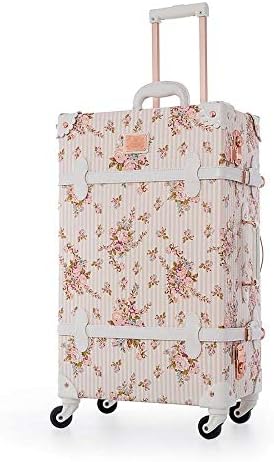 Spinner Wheels Retro Pu Leather Floral Suitcase Women Trunk TSA Vintage Luggage Rolling